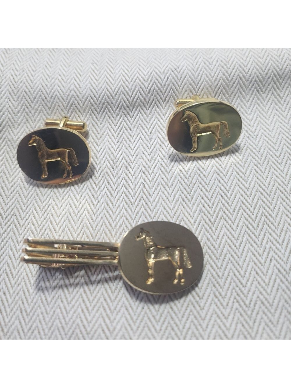 White horse cufflinks set vintage Gold Plated